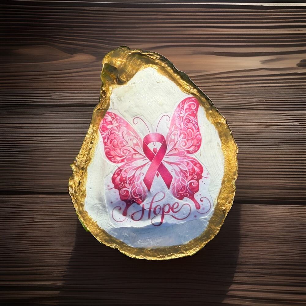 Decoupaged Oyster Shell Jewelry Holder or For Display Breast Cancer Awareness